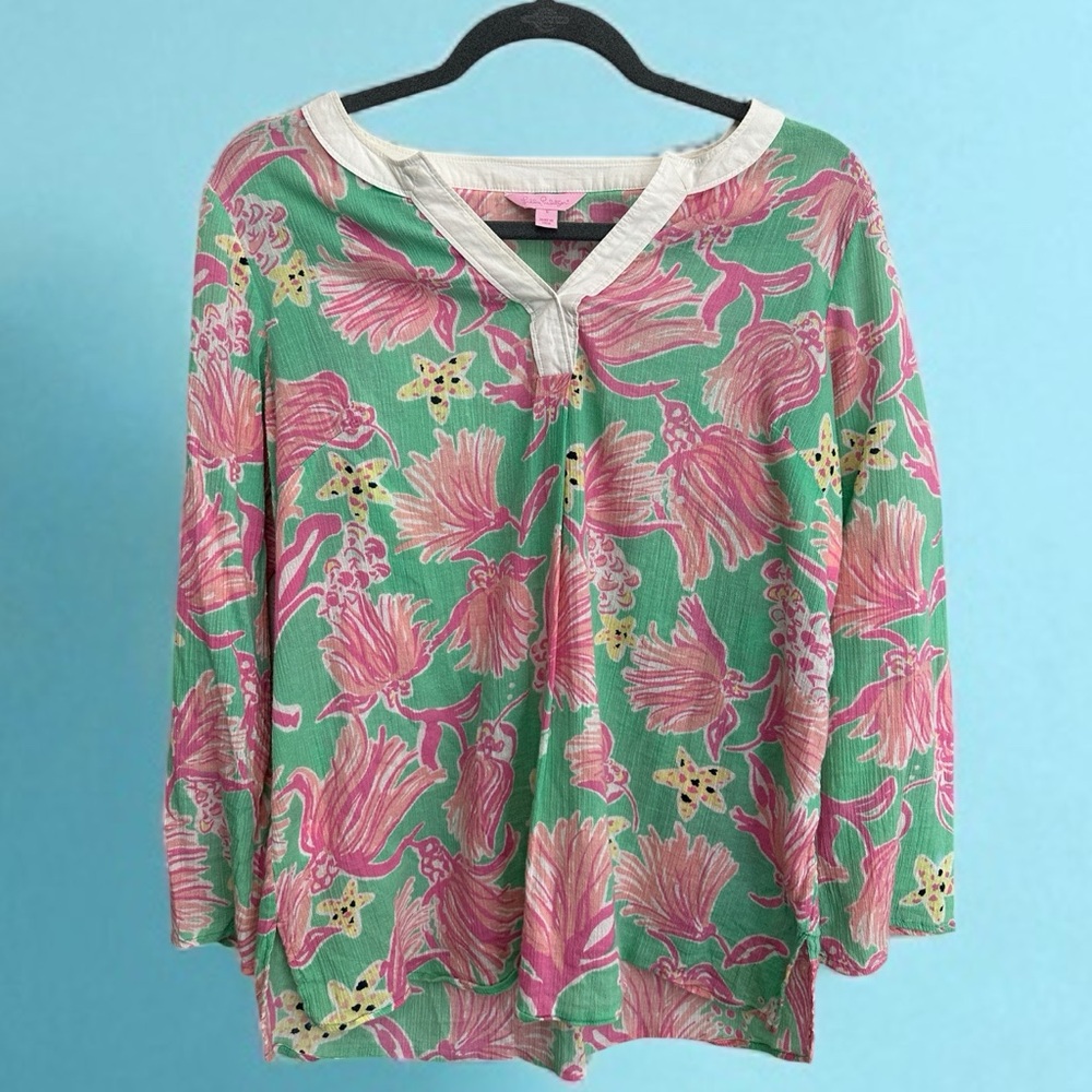 Lilly Pulitzer Ripley Lagoon Tunic Green and Pink Vacation Summer Women's Small